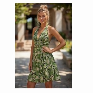 DINA BAR-EL Silk Halter Dress Size 6 Green Romantic‎ Floral Chiffon Fairycore